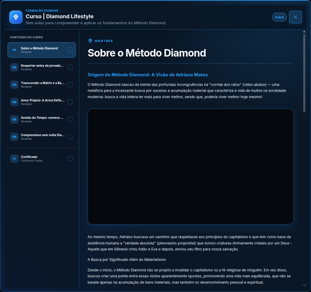 Curso Diamond Lifestyle com seis aulas, progresso e certificado