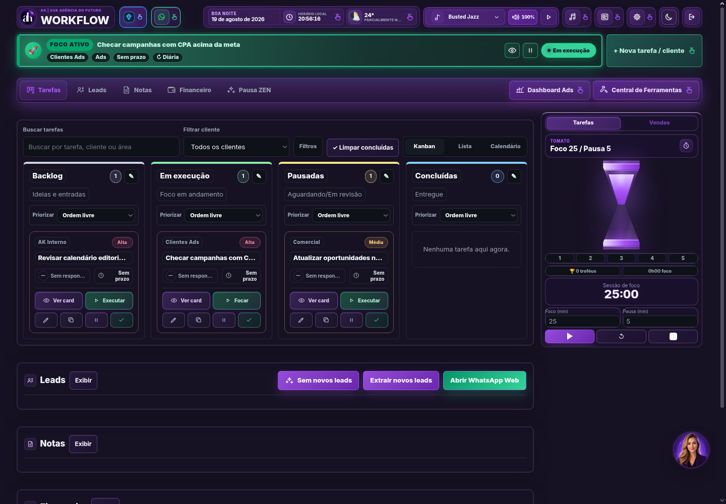 Dashboard real do AK Flow